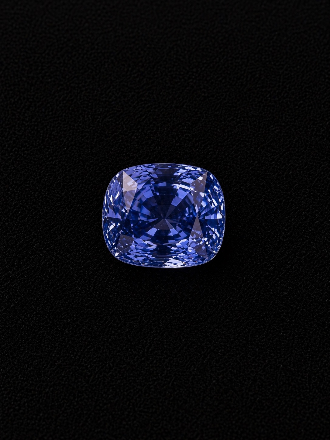 An 18.63 carat cornflower-blue Ceylon sapphire, cushion cut, on black velvet