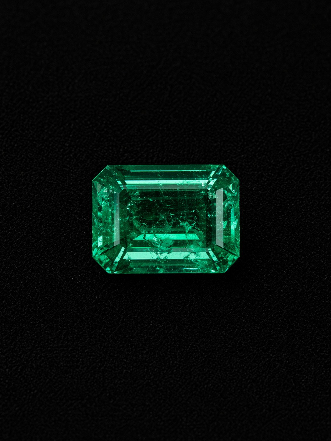 Emerald-cut Muzo-green Colombian emerald with visible jardin on black velvet